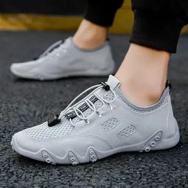 Mens Breathable Mesh Sneakers | Leather Low-Top Casual Shoes in Black, Coffee, White