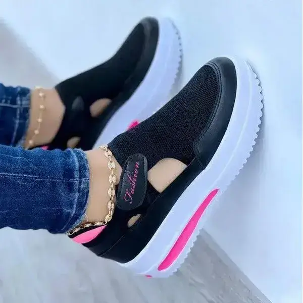 Women Casual Knit Hollow Design Velcro Breathable Platform Sneakers | Solid Color Comfort Shoes