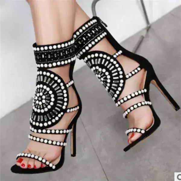 Womens Colorblock High Heels | Hollow-Out Open-Toe Stiletto Shoes in Black, Peach
