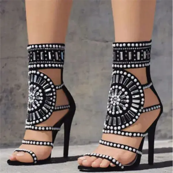 Womens Colorblock High Heels | Hollow-Out Open-Toe Stiletto Shoes in Black, Peach